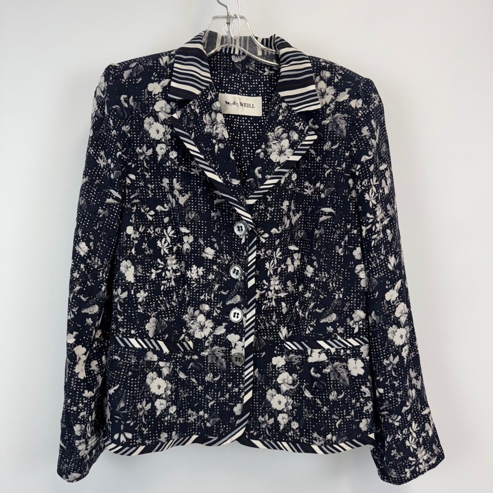Weill Paris 100% Silk Floral Polka Dot Striped Trim Blazer Navy White Size 10 - Picture 2 of 16